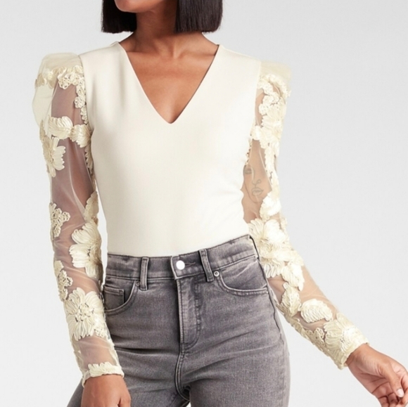 Express Tops - NWT! Express Ivory Bodysuit Lace Puff Long Sleeves Top Blouse NEW